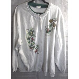 Vtg Blair Gray Sweatshirt Cardigan Womens PLus Size 3X Pinecone Acorn Pockets